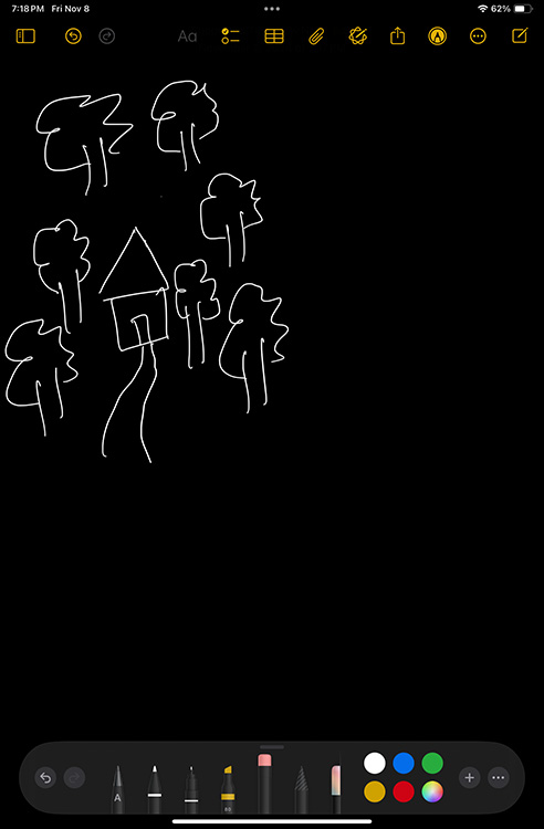 How to Use Image Wand on iPad with iPadOS 18 1 A rough sketch of a house amidst trees in the Notes app on iPad